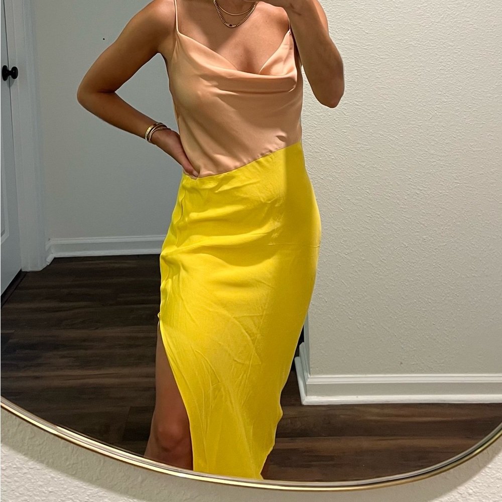 Zara Two-Tone Satin High-Low Dress in Nude and Yellow